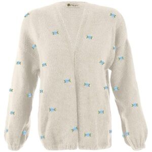 Fanm Mon Hand-Knit Wool Blue Rose Embroidered Open Cardigan (NWT) – Size XL